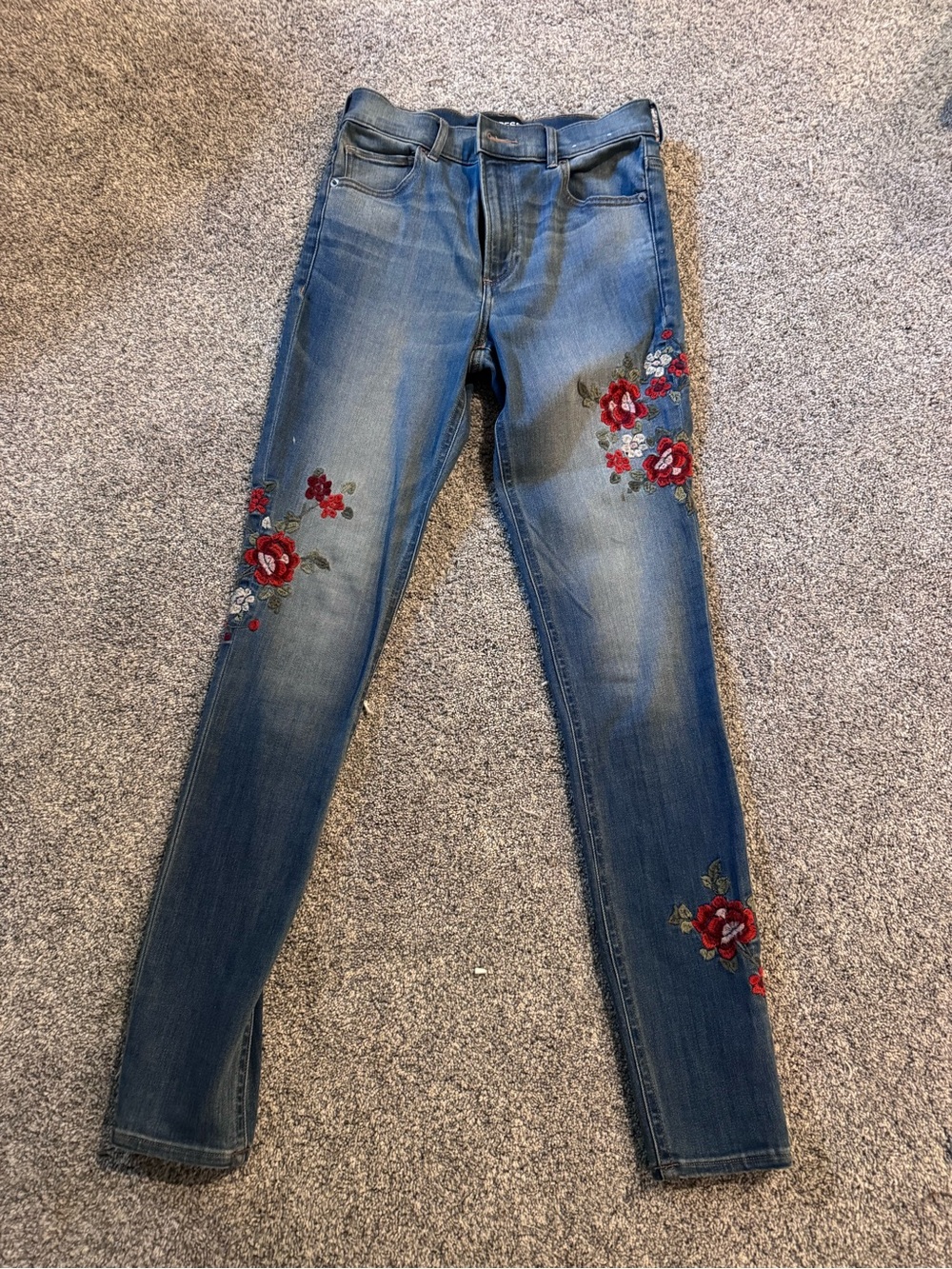 Express Women's Blue Skinny Jeans with Red Floral Embroidery